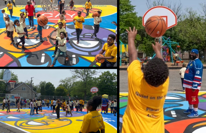  collage of students playing basketball on new court